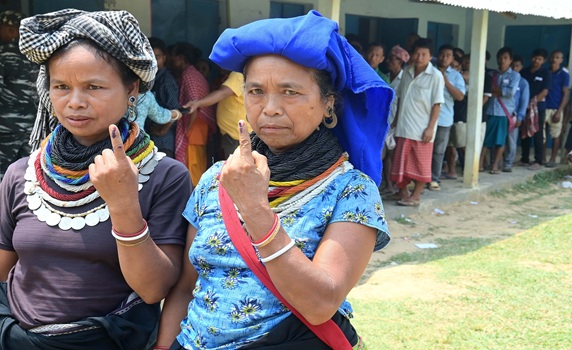 An inked, marked finger of a Reang lady is seen after casting her vote for the second phase of Lok Sabha elections in a polling station at Hazrapara. PIC- Abhisek